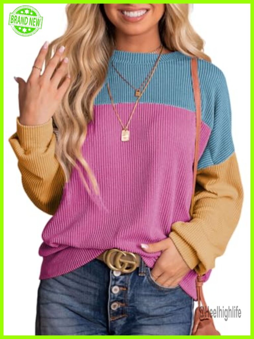 Womens Color Block Long Sleeve Crewneck Ribbed Knit Loose Casual Blouse